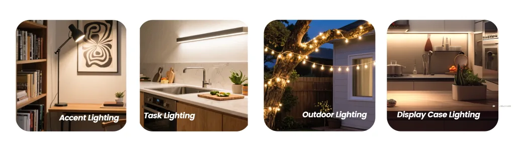 LED lighting types: accent, task, outdoor & display case applications in home scenes.