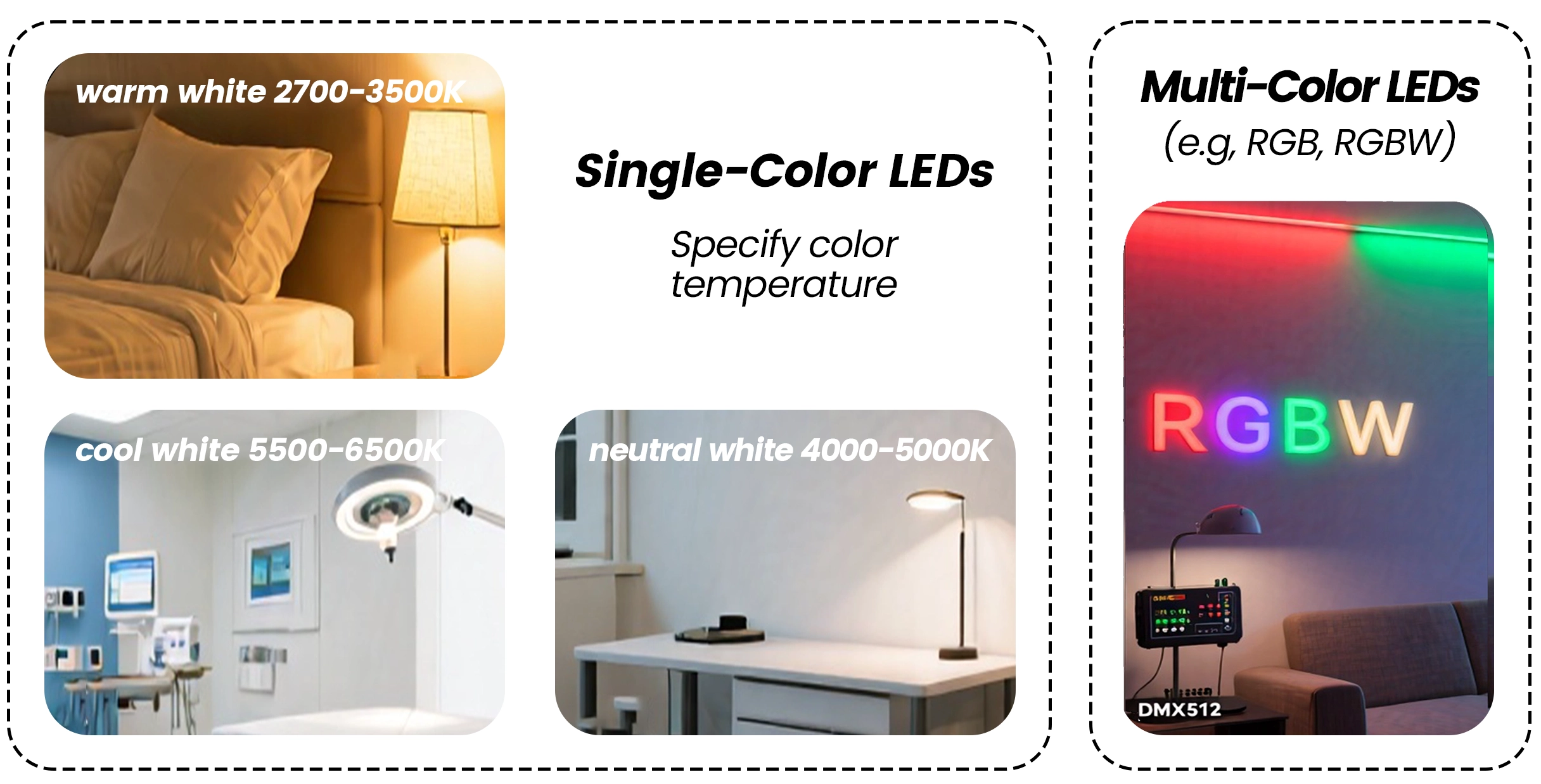 Comparison of single-color (warm/neutral/cool white) and multi-color LED lighting applications.