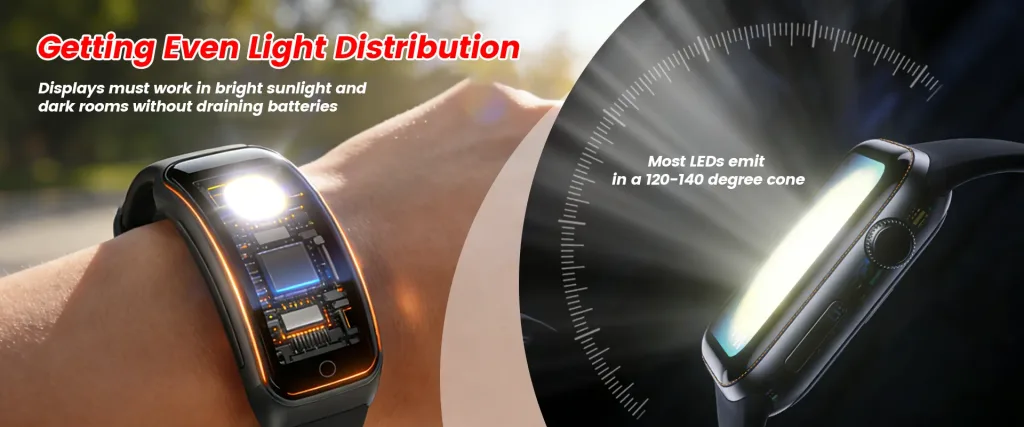 HQGLED LEDs in a curved wearable display showing even light distribution in a 120-140 degree cone
