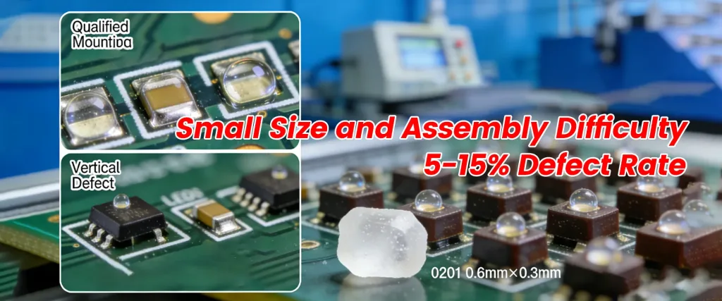 Microscopic view of small HQGLED 0201 LEDs on a PCB, illustrating precise assembly and mounting