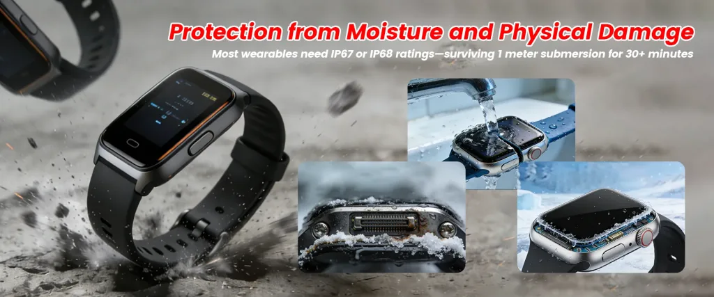 Waterproof HQGLED wearables with IP67--IP68 ratings surviving water submersion and physical impact
